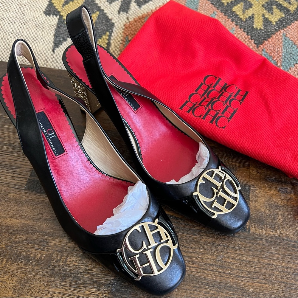 Carolina Herrera Black and Gold Heels - Picture 3 of 17